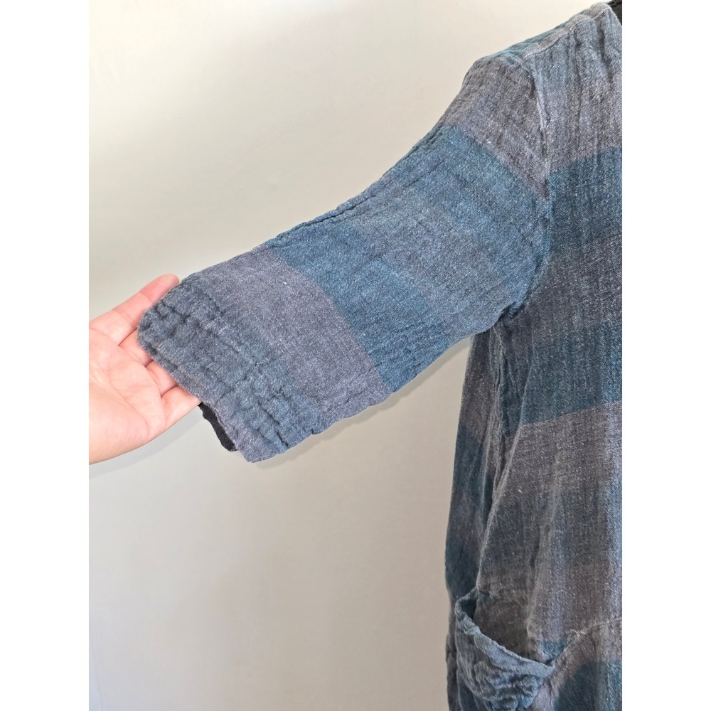 Luukaa Women Tunic Top Large Blue Gray Striped Linen Pocket Lagenlook minimalist - Picture 2 of 11
